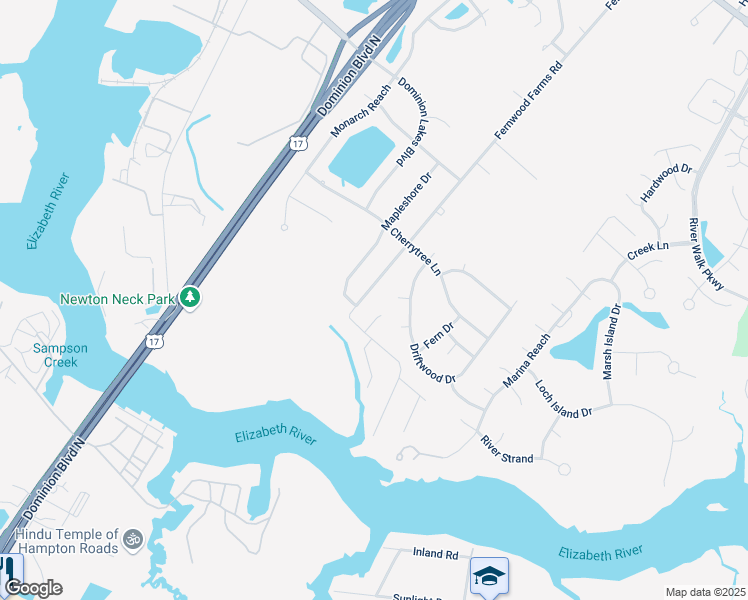 map of restaurants, bars, coffee shops, grocery stores, and more near 321 Fernwood Farms Road in Chesapeake