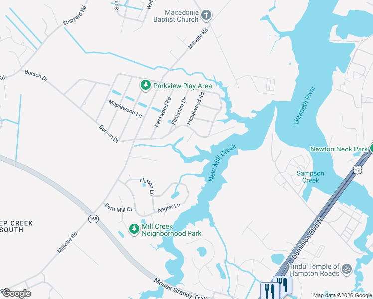 map of restaurants, bars, coffee shops, grocery stores, and more near 1916 McCoy Road in Chesapeake