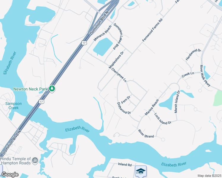 map of restaurants, bars, coffee shops, grocery stores, and more near 201 Driftwood Court in Chesapeake