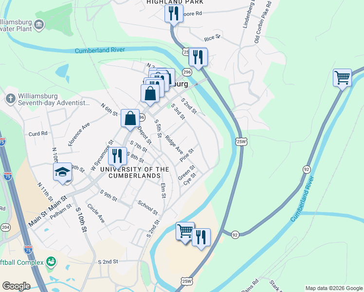 map of restaurants, bars, coffee shops, grocery stores, and more near 329 Denham Street in Williamsburg