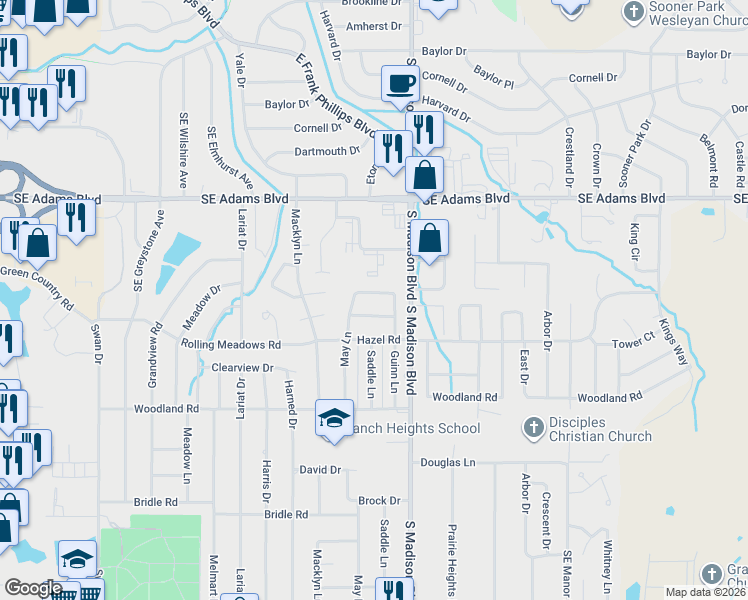 map of restaurants, bars, coffee shops, grocery stores, and more near 5124 Lynn Road in Bartlesville