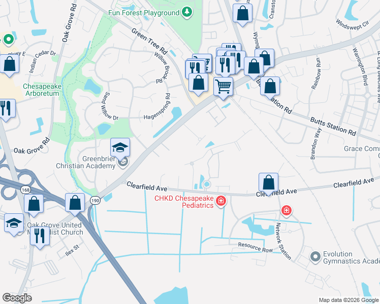 map of restaurants, bars, coffee shops, grocery stores, and more near 408 Kempsville Road in Chesapeake