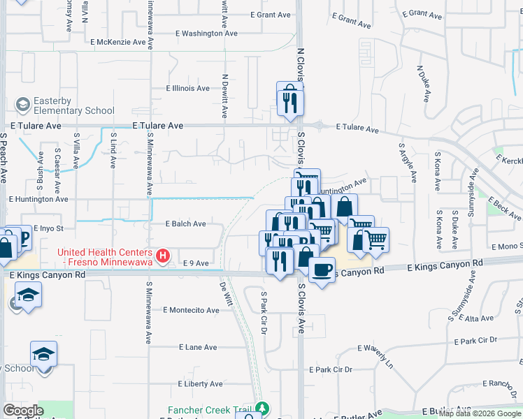 map of restaurants, bars, coffee shops, grocery stores, and more near 446 South Clovis Avenue in Fresno