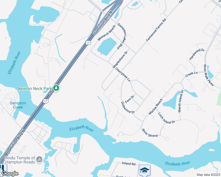 map of restaurants, bars, coffee shops, grocery stores, and more near 321 Fernwood Farms Road in Chesapeake