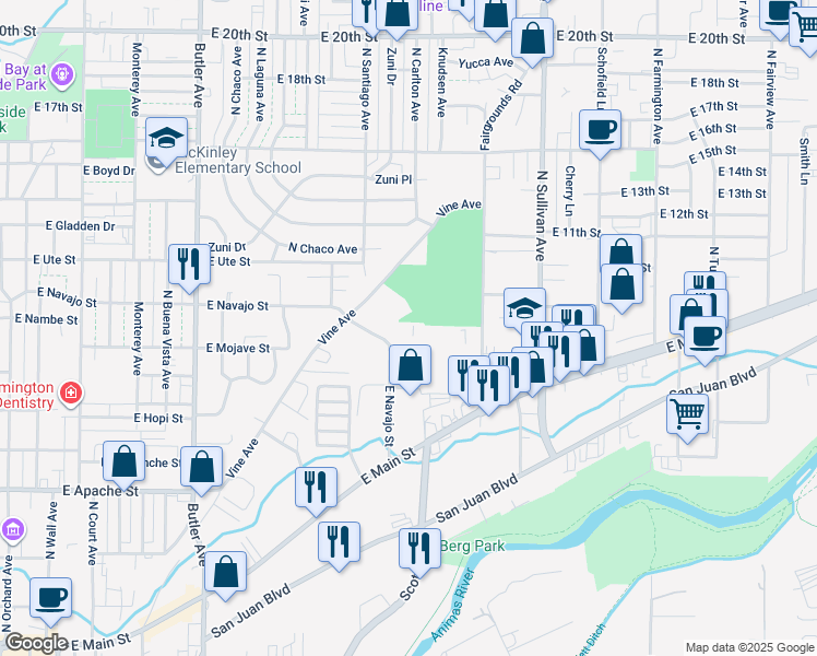 map of restaurants, bars, coffee shops, grocery stores, and more near 1058 East Navajo Street in Farmington