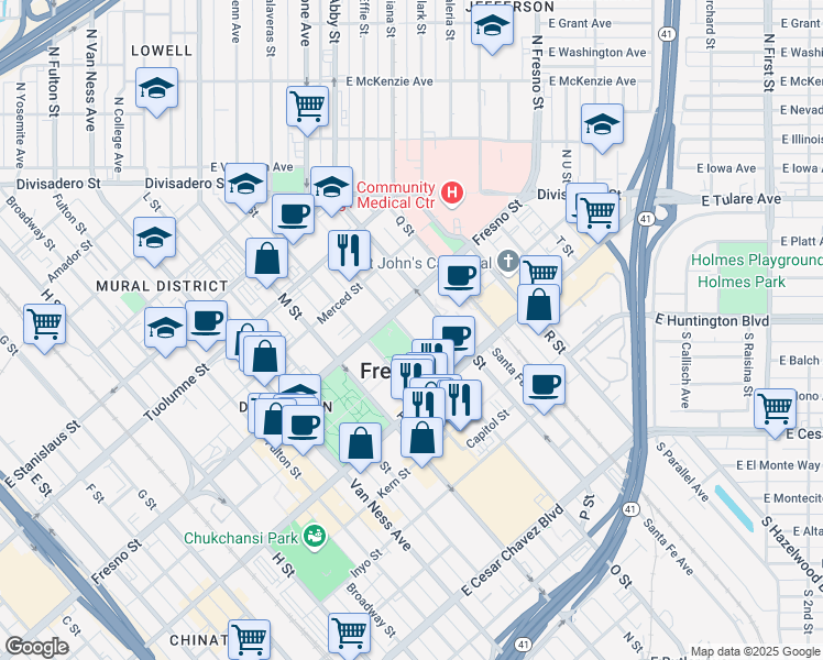 map of restaurants, bars, coffee shops, grocery stores, and more near 1130 O Street in Fresno