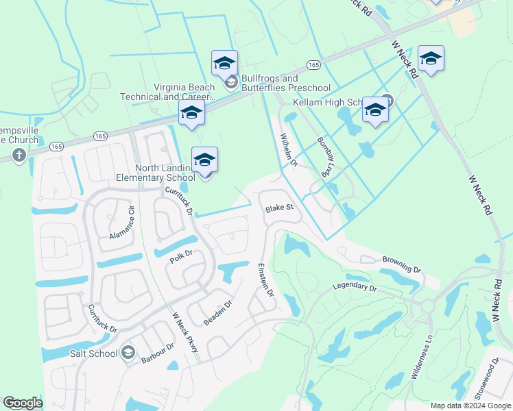 map of restaurants, bars, coffee shops, grocery stores, and more near 2632 Einstein Drive in Virginia Beach