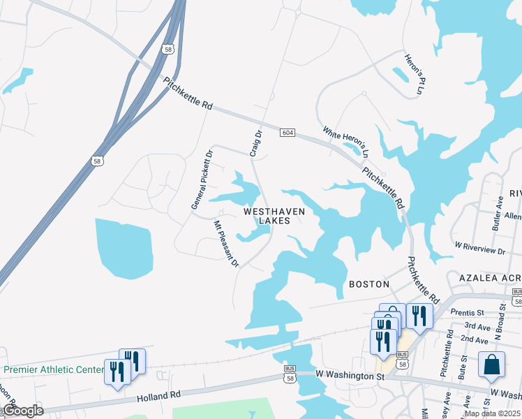 map of restaurants, bars, coffee shops, grocery stores, and more near 826 Craig Drive in Suffolk