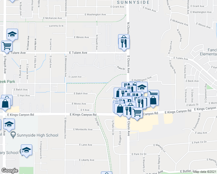 map of restaurants, bars, coffee shops, grocery stores, and more near 434 South Clovis Avenue in Fresno