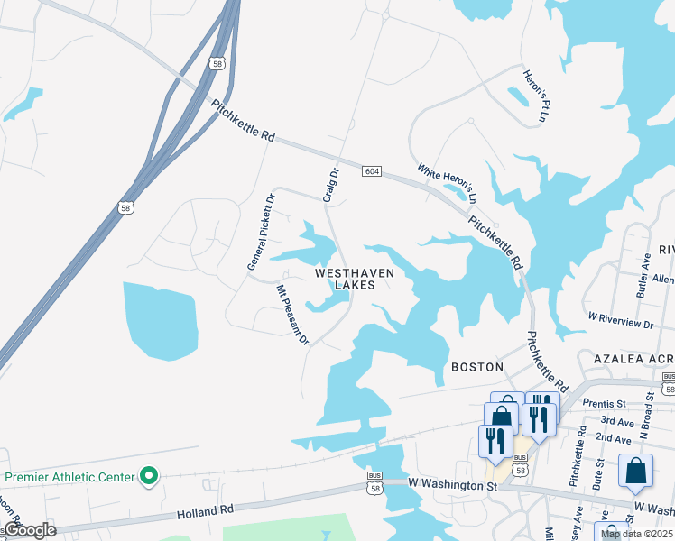 map of restaurants, bars, coffee shops, grocery stores, and more near 826 Craig Drive in Suffolk