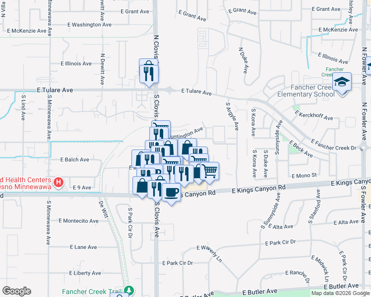 map of restaurants, bars, coffee shops, grocery stores, and more near 409 South Waverly Lane in Fresno