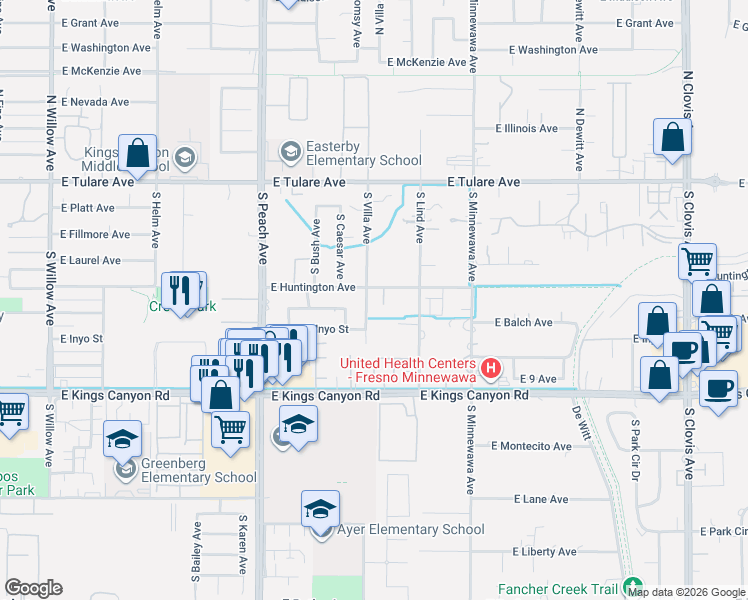 map of restaurants, bars, coffee shops, grocery stores, and more near 5302 East Huntington Avenue in Fresno