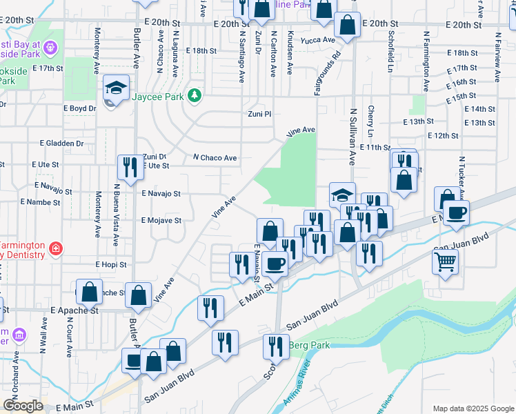 map of restaurants, bars, coffee shops, grocery stores, and more near 1020 East Navajo Street in Farmington