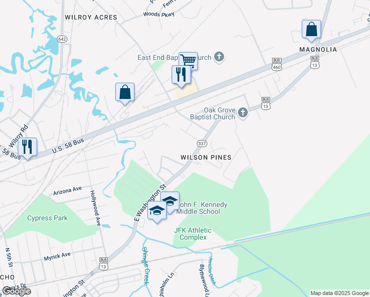 map of restaurants, bars, coffee shops, grocery stores, and more near 2536 East Washington Street in Suffolk