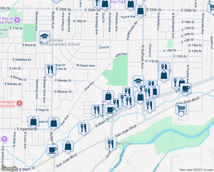 map of restaurants, bars, coffee shops, grocery stores, and more near 1054 East Navajo Street in Farmington