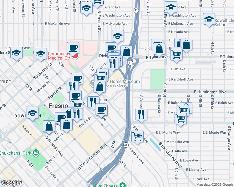 map of restaurants, bars, coffee shops, grocery stores, and more near Huntington Boulevard in Fresno