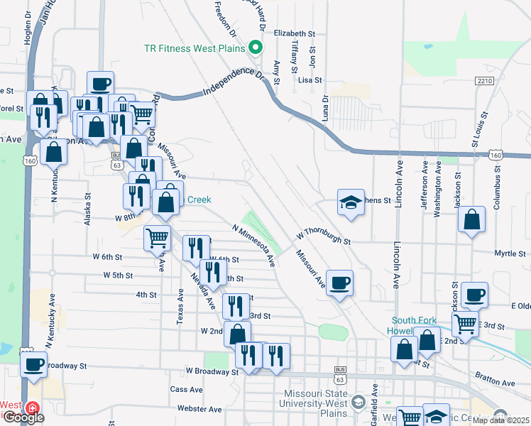 map of restaurants, bars, coffee shops, grocery stores, and more near 843 Missouri Avenue in West Plains