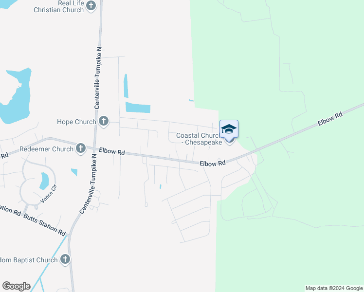 map of restaurants, bars, coffee shops, grocery stores, and more near Baker Loop in Chesapeake