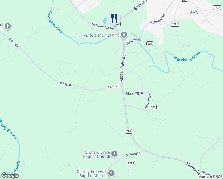map of restaurants, bars, coffee shops, grocery stores, and more near 87 Elf Trail in Bassett