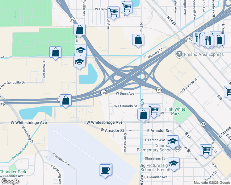 map of restaurants, bars, coffee shops, grocery stores, and more near 446 West Dunn Avenue in Fresno