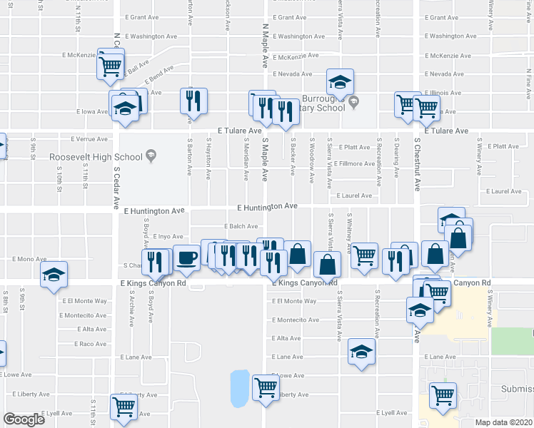 map of restaurants, bars, coffee shops, grocery stores, and more near 417 South Maple Avenue in Fresno