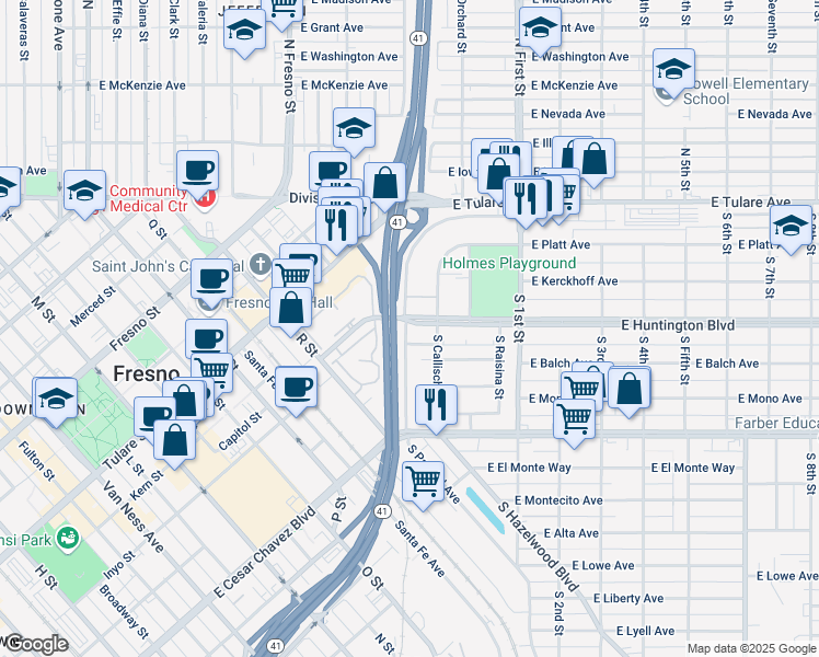 map of restaurants, bars, coffee shops, grocery stores, and more near 2911 East Huntington Boulevard in Fresno