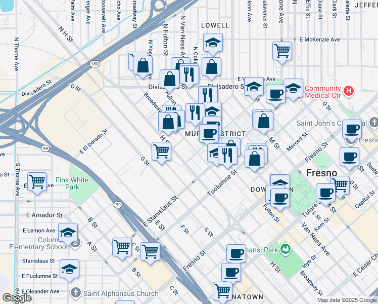 map of restaurants, bars, coffee shops, grocery stores, and more near 1659 Broadway Street in Fresno
