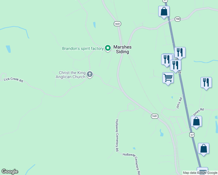 map of restaurants, bars, coffee shops, grocery stores, and more near Cr-1301 in Whitley City