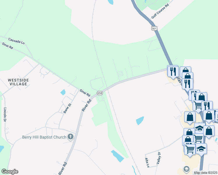 map of restaurants, bars, coffee shops, grocery stores, and more near State Route 654 in South Boston