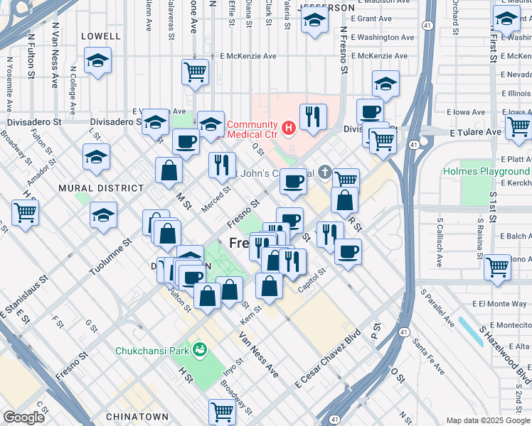 map of restaurants, bars, coffee shops, grocery stores, and more near 1130 O Street in Fresno