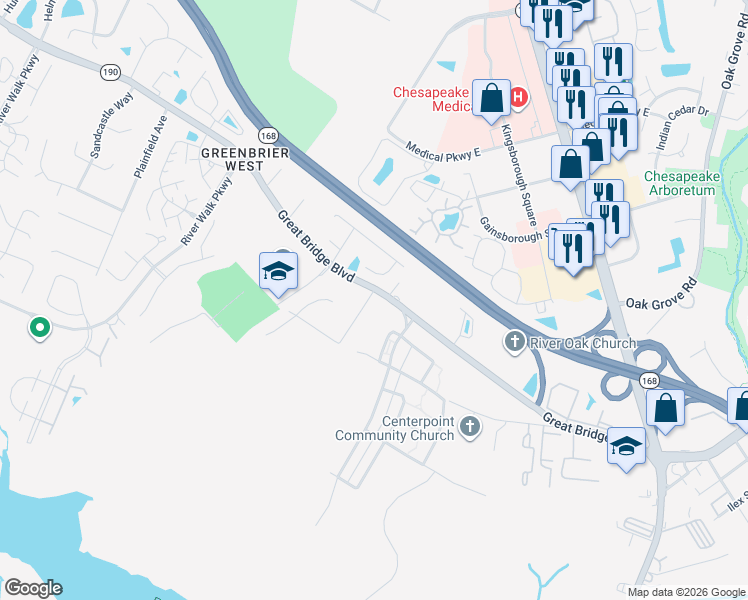 map of restaurants, bars, coffee shops, grocery stores, and more near 384 Great Bridge Boulevard in Chesapeake