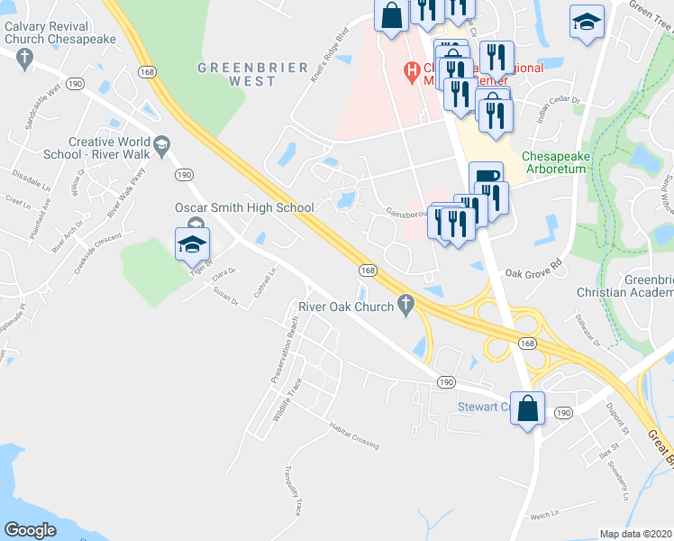 map of restaurants, bars, coffee shops, grocery stores, and more near 343 Great Bridge Boulevard in Chesapeake