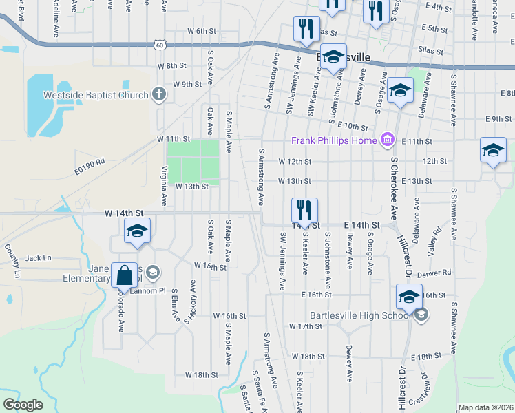 map of restaurants, bars, coffee shops, grocery stores, and more near 1325 South Armstrong Avenue in Bartlesville