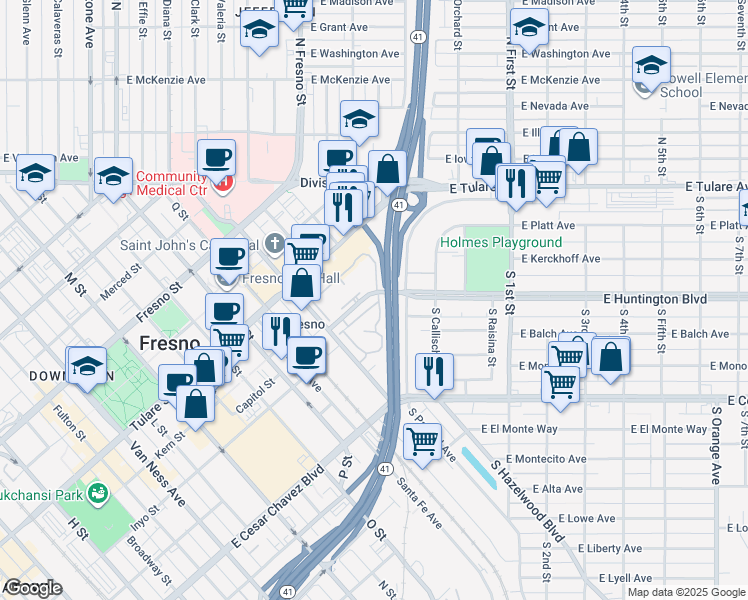 map of restaurants, bars, coffee shops, grocery stores, and more near 2890 Huntington Boulevard in Fresno