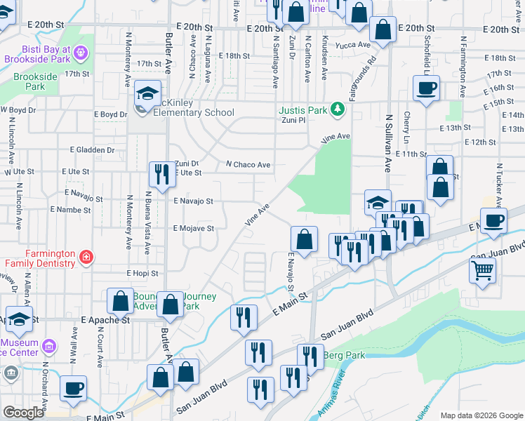 map of restaurants, bars, coffee shops, grocery stores, and more near 826 Vine Avenue in Farmington