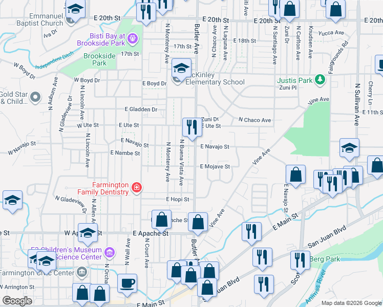 map of restaurants, bars, coffee shops, grocery stores, and more near 909 North Butler Avenue in Farmington