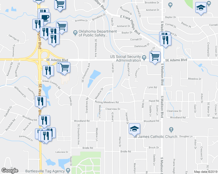 map of restaurants, bars, coffee shops, grocery stores, and more near 1006 Meadow Drive in Bartlesville