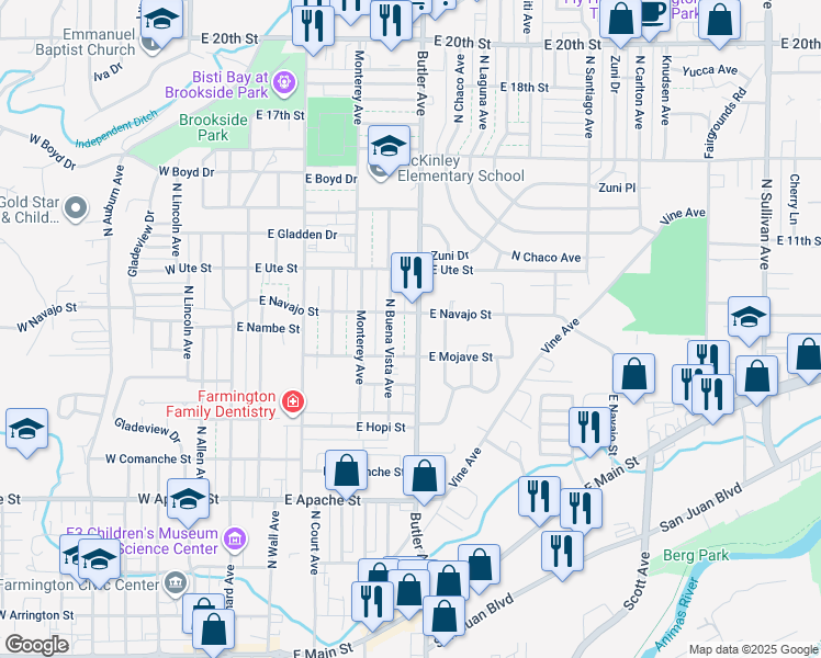 map of restaurants, bars, coffee shops, grocery stores, and more near 909 North Butler Avenue in Farmington