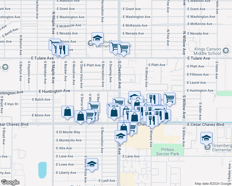 map of restaurants, bars, coffee shops, grocery stores, and more near 4780 East Huntington Avenue in Fresno