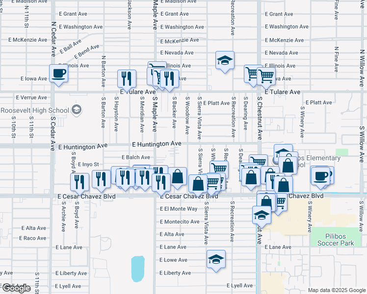 map of restaurants, bars, coffee shops, grocery stores, and more near 4648 East Huntington Avenue in Fresno