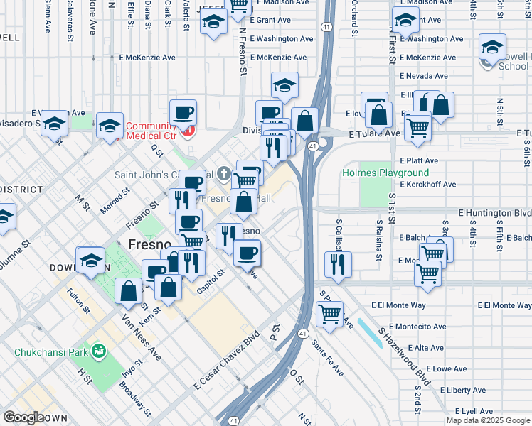 map of restaurants, bars, coffee shops, grocery stores, and more near 2881-2909 Huntington Boulevard in Fresno
