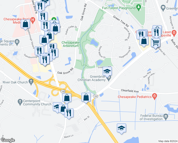 map of restaurants, bars, coffee shops, grocery stores, and more near 724 Firethorn Road in Chesapeake