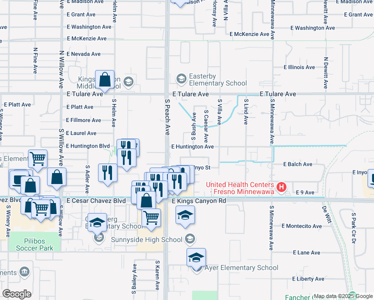 map of restaurants, bars, coffee shops, grocery stores, and more near 5238 East Huntington Avenue in Fresno
