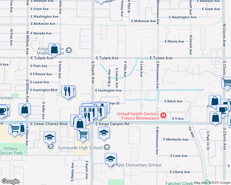 map of restaurants, bars, coffee shops, grocery stores, and more near 5272 East Huntington Avenue in Fresno