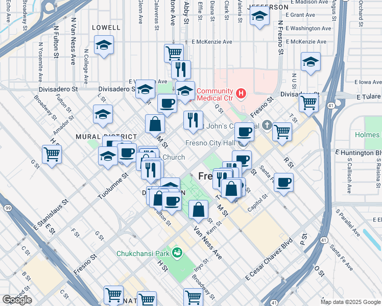 map of restaurants, bars, coffee shops, grocery stores, and more near 1243 N Street in Fresno