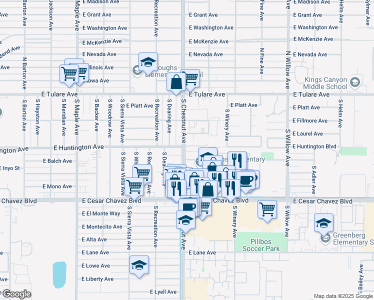 map of restaurants, bars, coffee shops, grocery stores, and more near 4810 East Huntington Avenue in Fresno