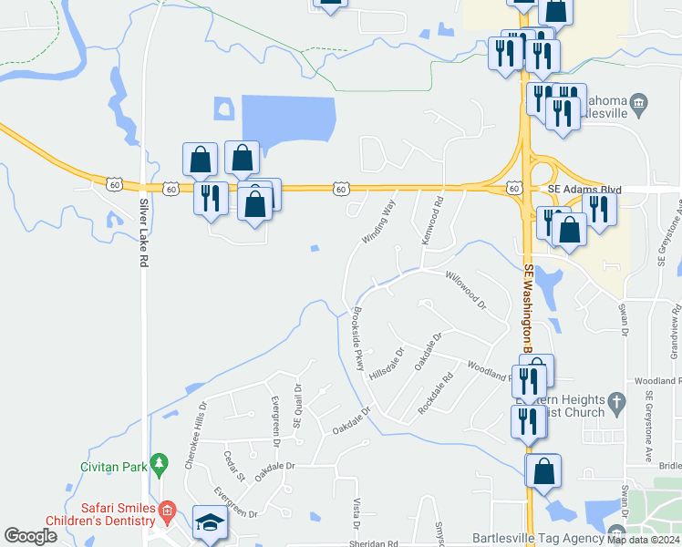 map of restaurants, bars, coffee shops, grocery stores, and more near 829 Winding Way in Bartlesville