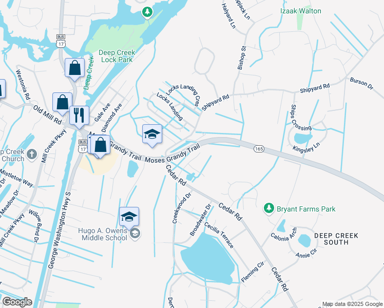 map of restaurants, bars, coffee shops, grocery stores, and more near 2300 Eagle Drive in Chesapeake