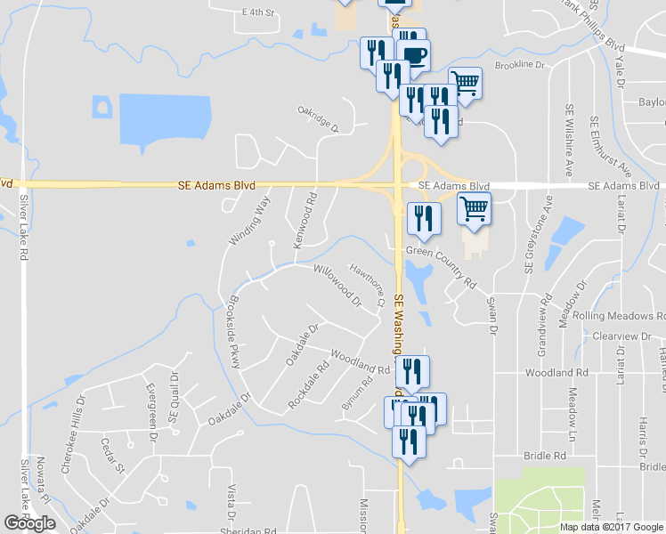 map of restaurants, bars, coffee shops, grocery stores, and more near 3408 Willowood Drive in Bartlesville
