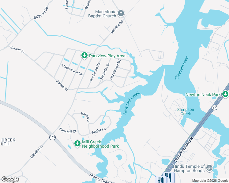 map of restaurants, bars, coffee shops, grocery stores, and more near 1916 McCoy Road in Chesapeake